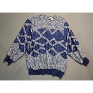 Jo Hanna York Vintage 80s Womens XL Blouse Navy Blue Geometric Funky Retro Light